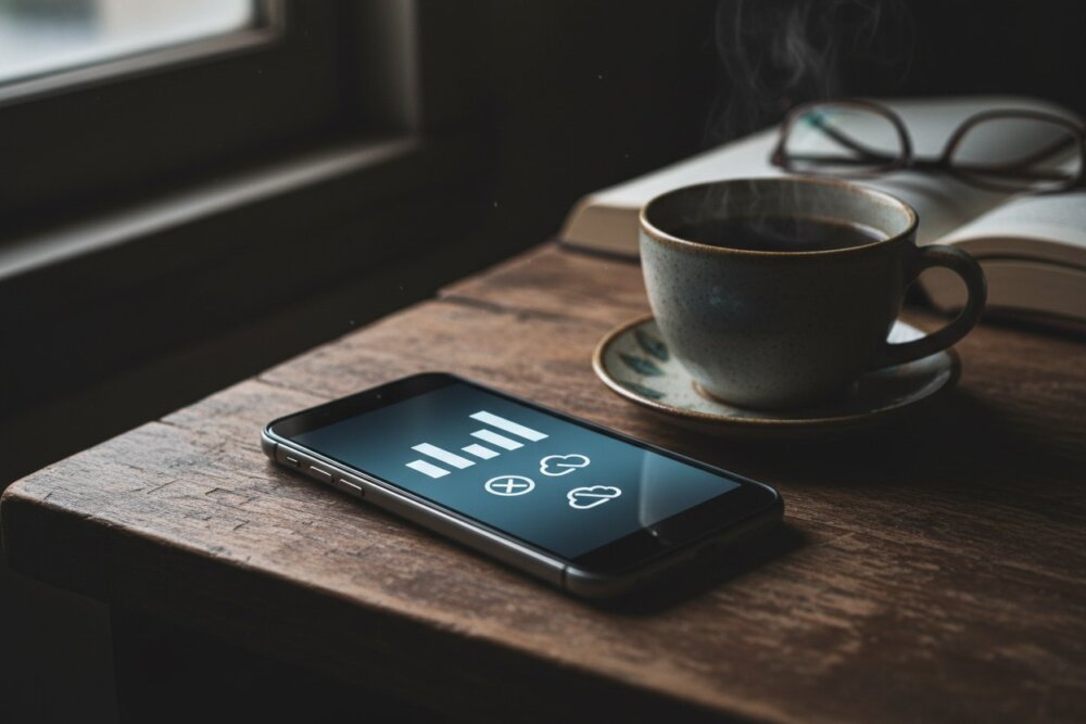 A smartphone on a table showing no signal bars, a warning sign of a SIM swap