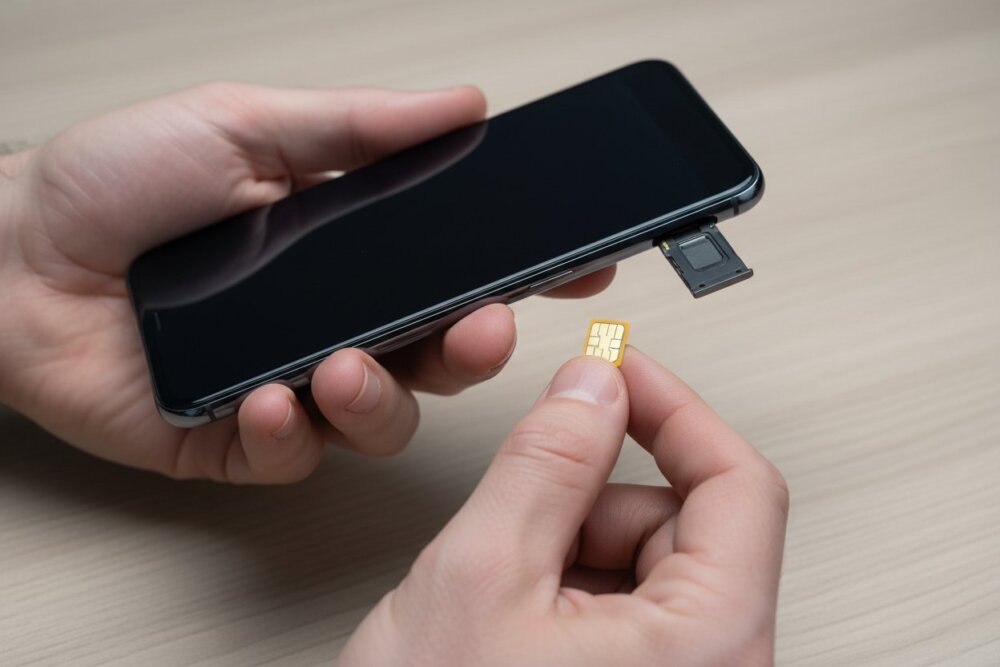 Hands holding a smartphone with the SIM card tray ejected and a SIM card on a fingertip
