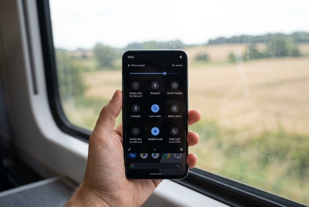 Smartphone held by a train window showing the Android quick settings panel with Airplane mode turned on