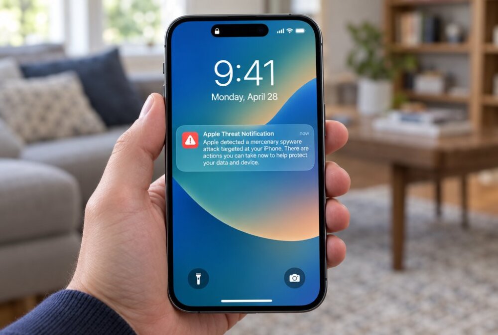 iPhone lock screen showing an Apple Threat Notification warning of a mercenary spyware attack (illustration of the alert)