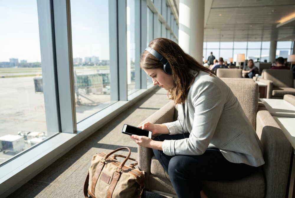 Woman using her smartphone while seated in a modern airport lounge