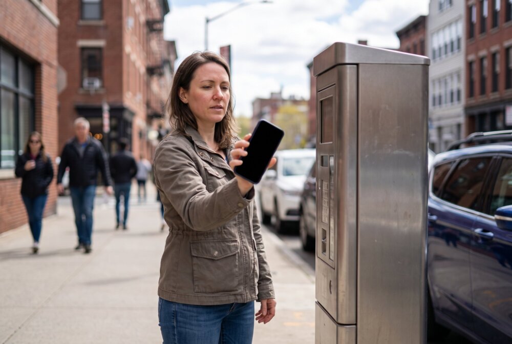 Woman holding a smartphone next to a city street parking payment kiosk
