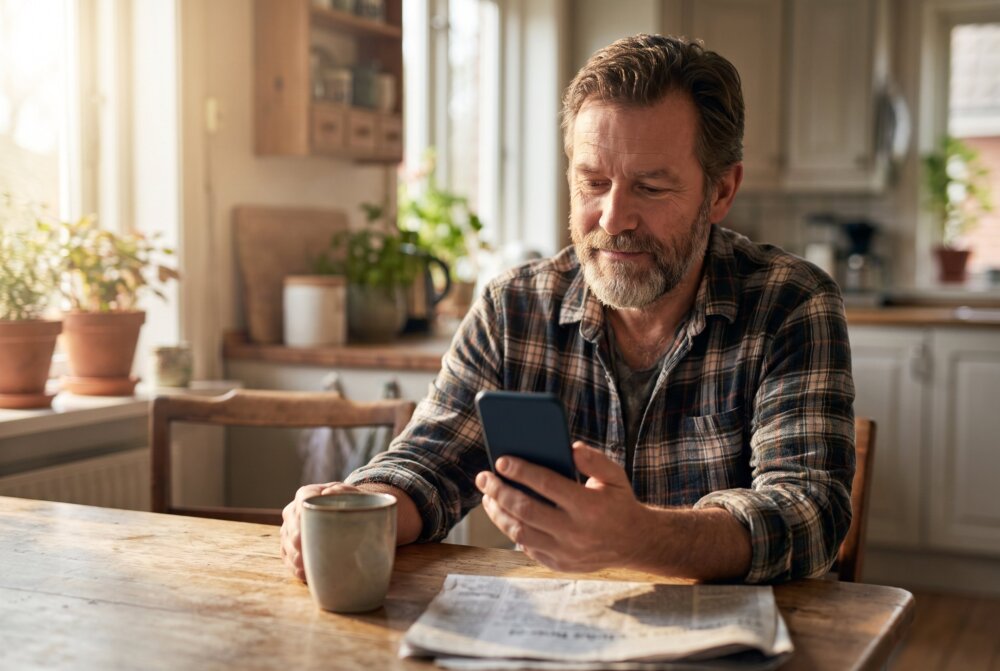 Man calmly checking his smartphone at a kitchen table in the morning