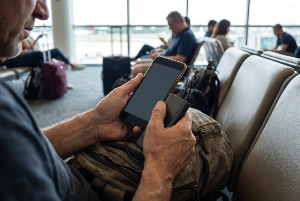 Traveler using a smartphone and portable battery at an airport gate area