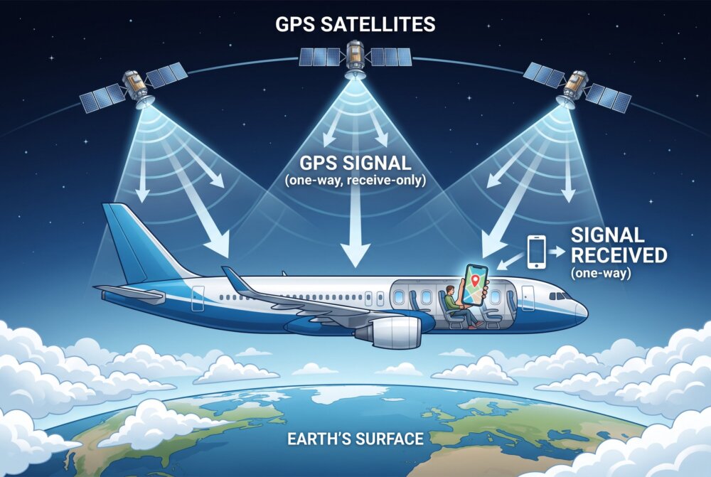 Diagram of GPS satellites transmitting signals one-way down to a passenger smartphone on an airliner above the Earth, showing GPS still works in airplane mode