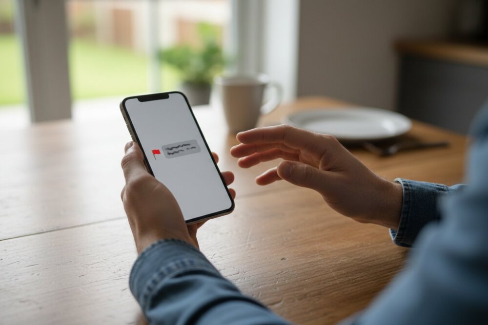 A person hesitating before tapping a suspicious delivery-alert text message