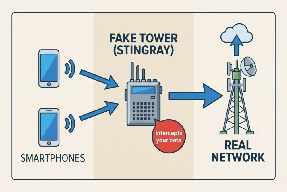 Diagram showing how a stingray fake cell tower intercepts nearby smartphones before relaying to the real network