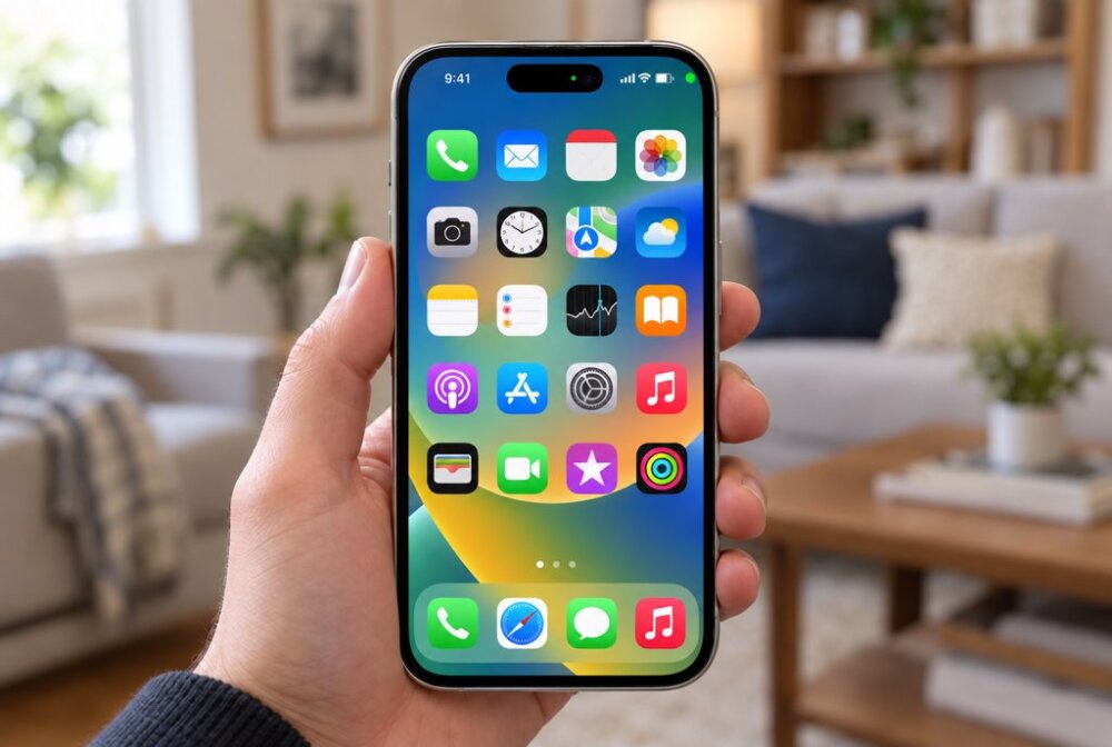 iPhone home screen with the green camera-in-use dot lit in the top-right corner, a possible sign the camera is active without your knowledge