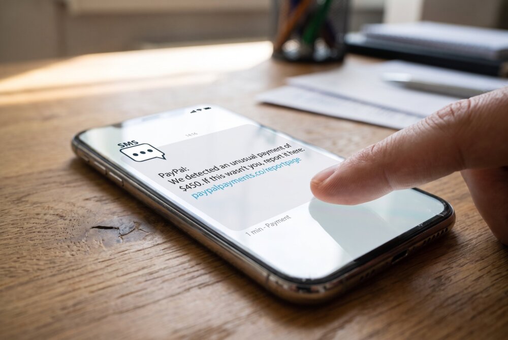 A phone on a desk showing a fake PayPal payment-alert scam text as a finger reaches to tap it