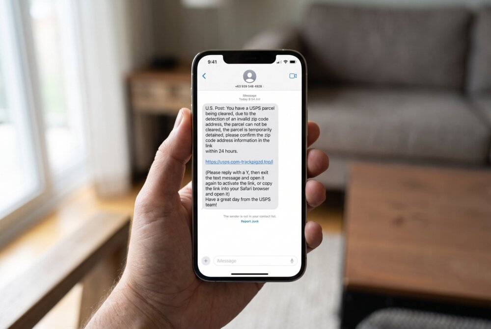 A smartphone held in hand showing a fake USPS parcel smishing text with a suspicious link and Report Junk option