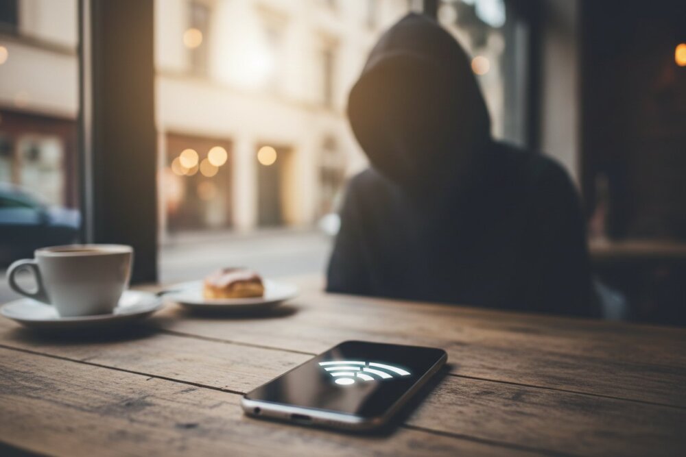 A smartphone on public Wi-Fi with a shadowy figure representing an eavesdropper
