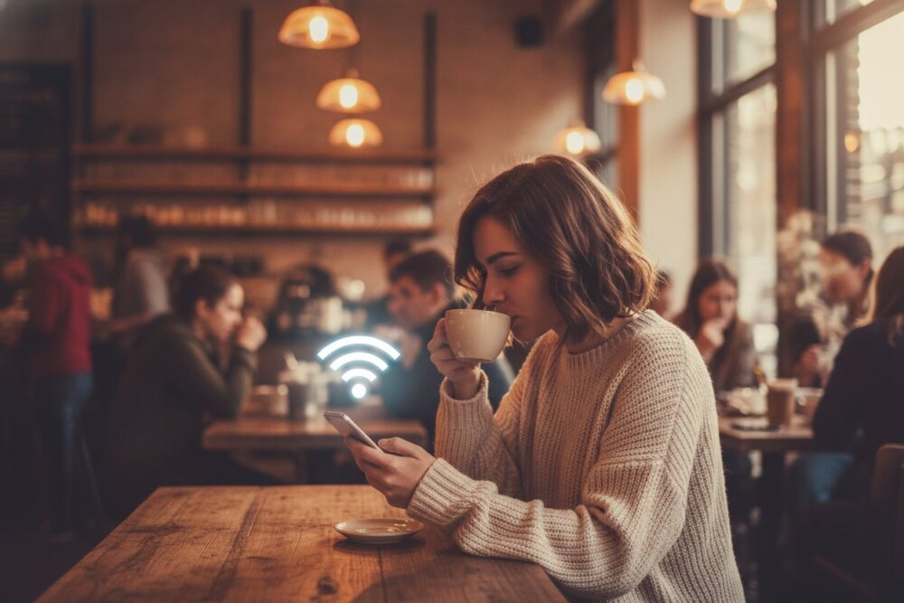Woman using her smartphone on public Wi-Fi at a coffee shop