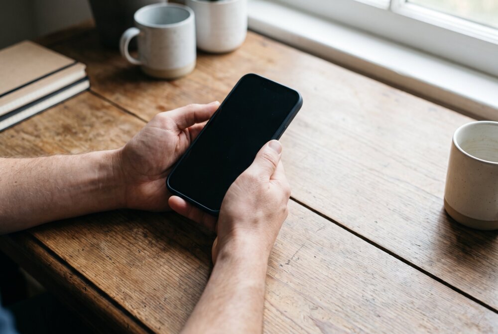 Hands holding a smartphone over a desk