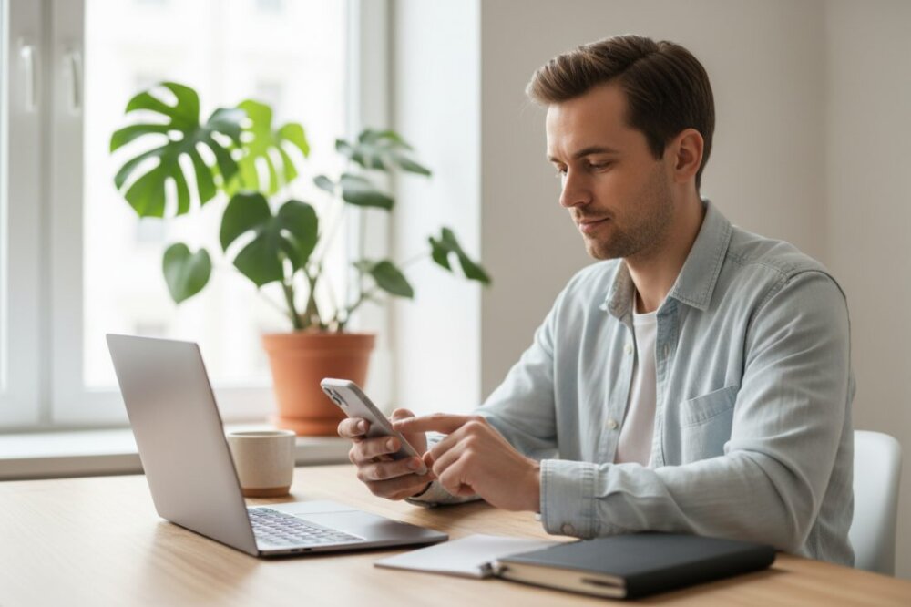 Man at a home-office desk holding a smartphone next to a laptop while securing his device