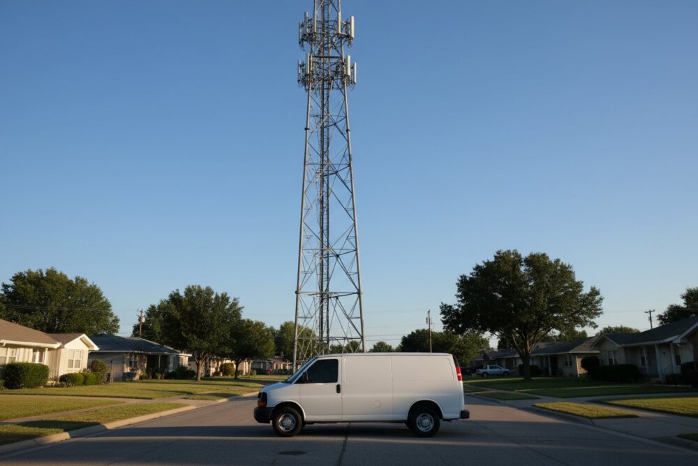 A cellular tower beside an unmarked white van, illustrating a stingray fake cell tower