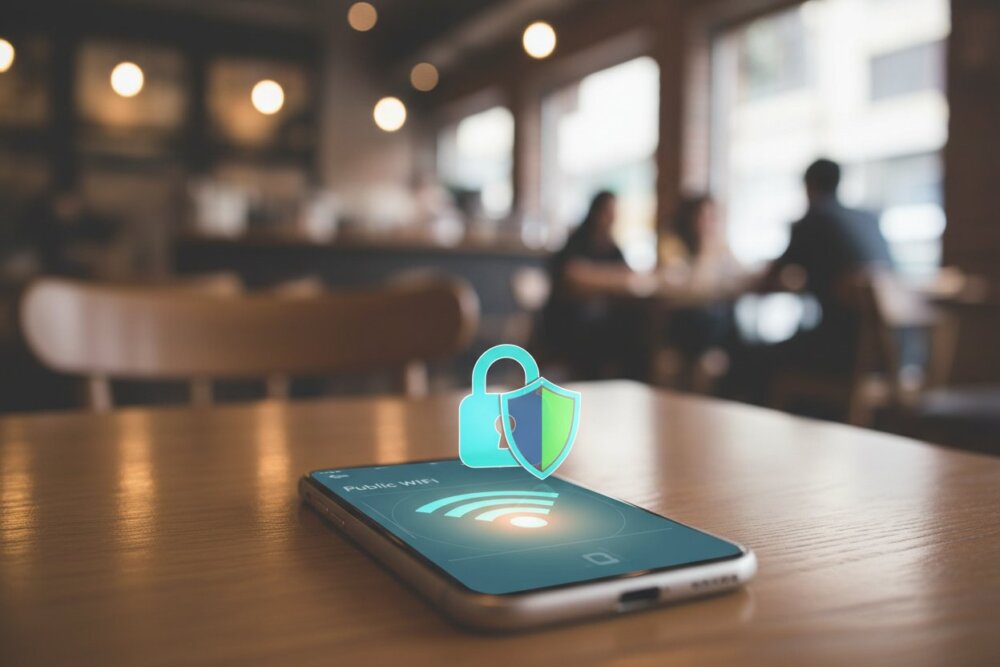 A smartphone using a VPN padlock to secure a public Wi-Fi connection