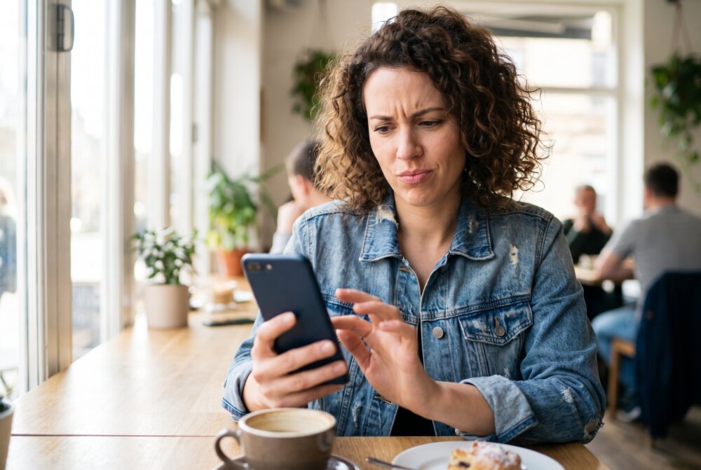 Woman in a cafe examining her phone carefully to spot a fake app before installing