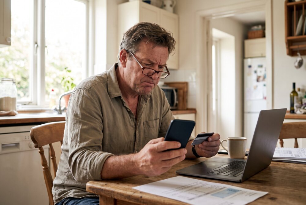 Man cautiously checking his phone and credit card, wary of phishing, smishing, and vishing scams