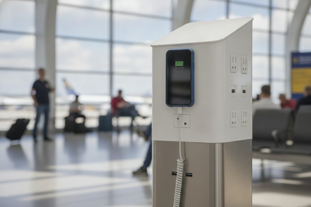 Public USB charging station at an airport