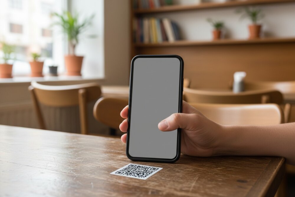 Scanning a QR code on a restaurant table with a phone