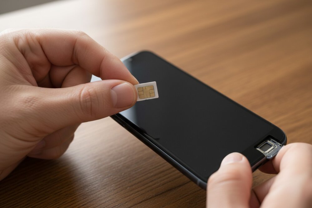 Holding a SIM card next to a smartphone