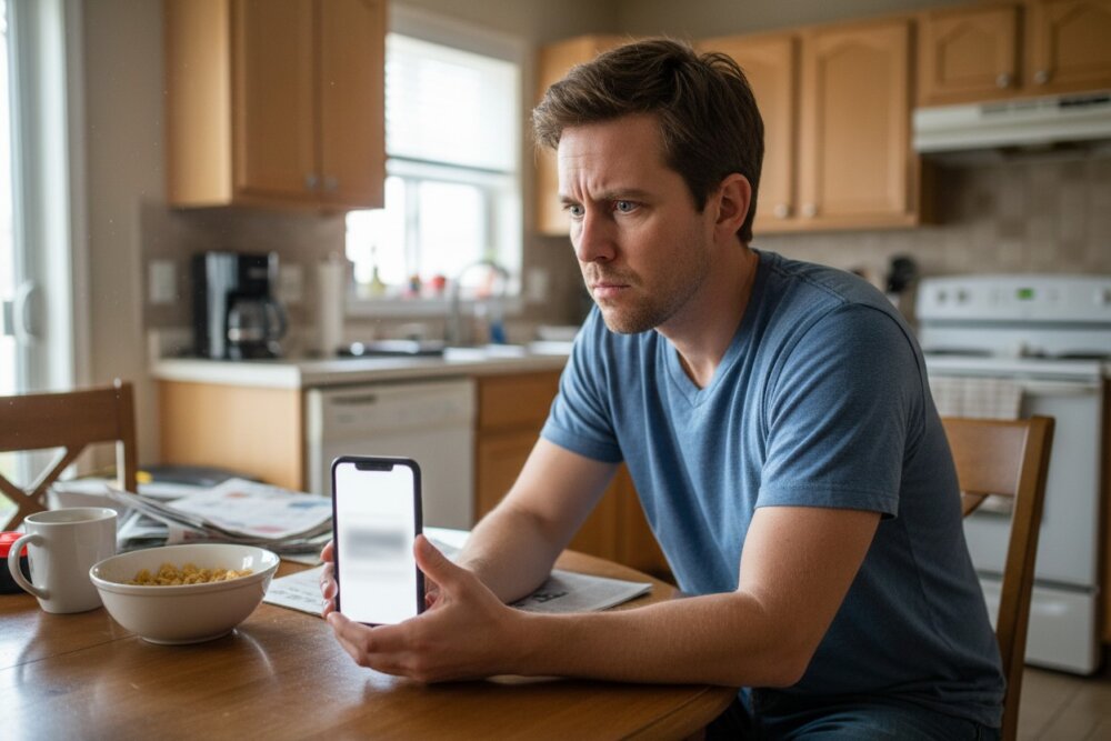 Reviewing a suspicious text message on a phone