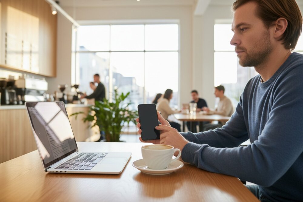 Using a phone on public Wi-Fi at a coffee shop